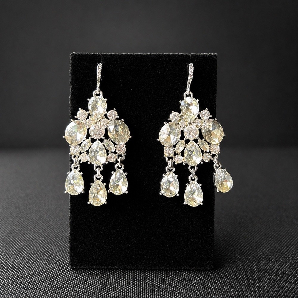 Silver Tone Teardrop Chandelier Rhinestone Dangle Earrings Clear Super‎ Sparkly